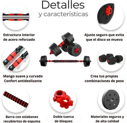 SET de Pesas Completo 44 LBS + Barra Acolchada GRATIS 🔥 KIT COMPLETO - 6